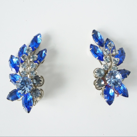 Vintage Blue Faux Crystal Leaf Lightweight Clip Earring Wedding Anniversary - Picture 3 of 4